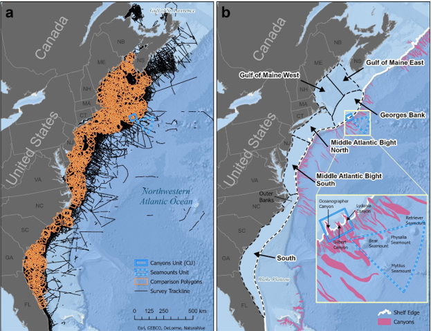 two maps of United States east coast showing where surveys were conducted