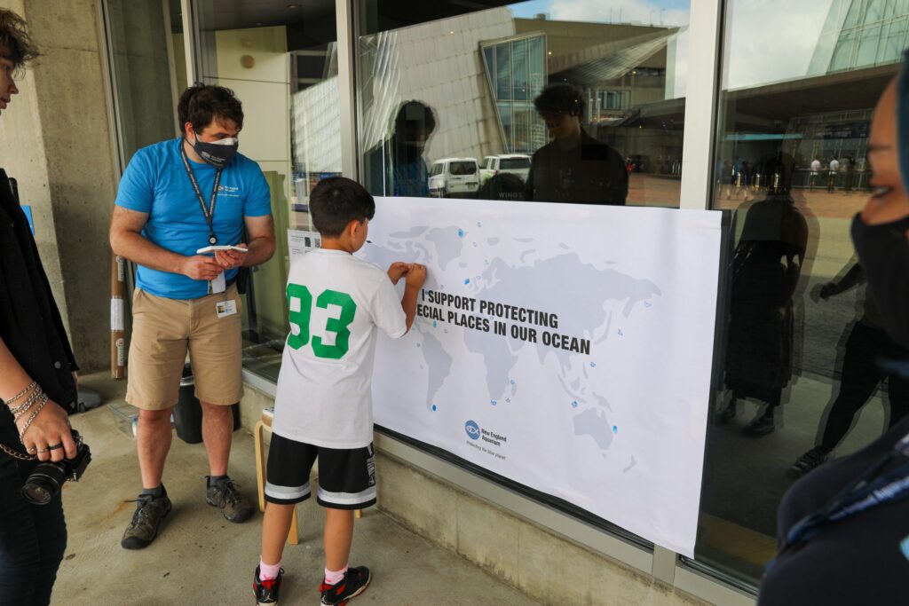 Visitors show their support for protecting the ocean at the Aquarium's World Ocean Day celebration in June