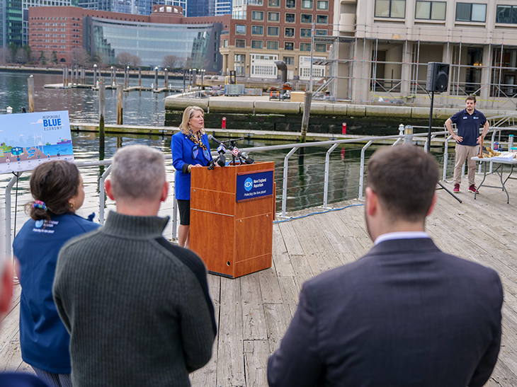 Aquarium President and CEO Vikki N. Spruill announcing the Aquarium's involvement in a collection of bills supporting a blue economy in Massachusetts.
