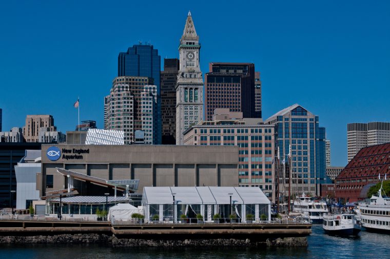 Aquarium exterior and Boston skyline