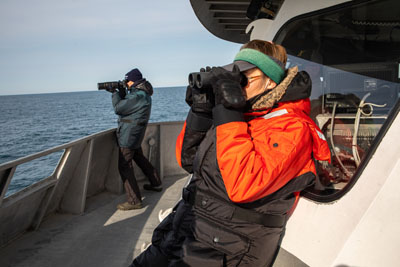 For the first time the Anderson Cabot Center for Ocean Life at the New England Aquarium conducts boat research on the critically endangered North Atlantic right whales 40 miles south and west of Nantucket and Martha’s Vineyard during the winter months.