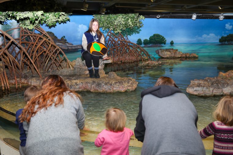 Aquarium staffer giving a touch tank presentation