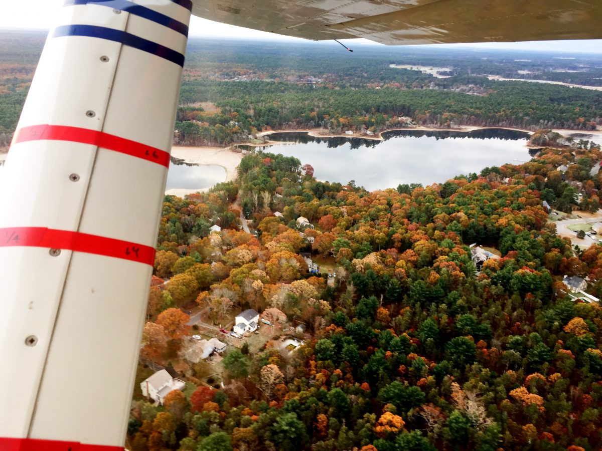 View of a pond and forested residential area in the fall, taken from a plane