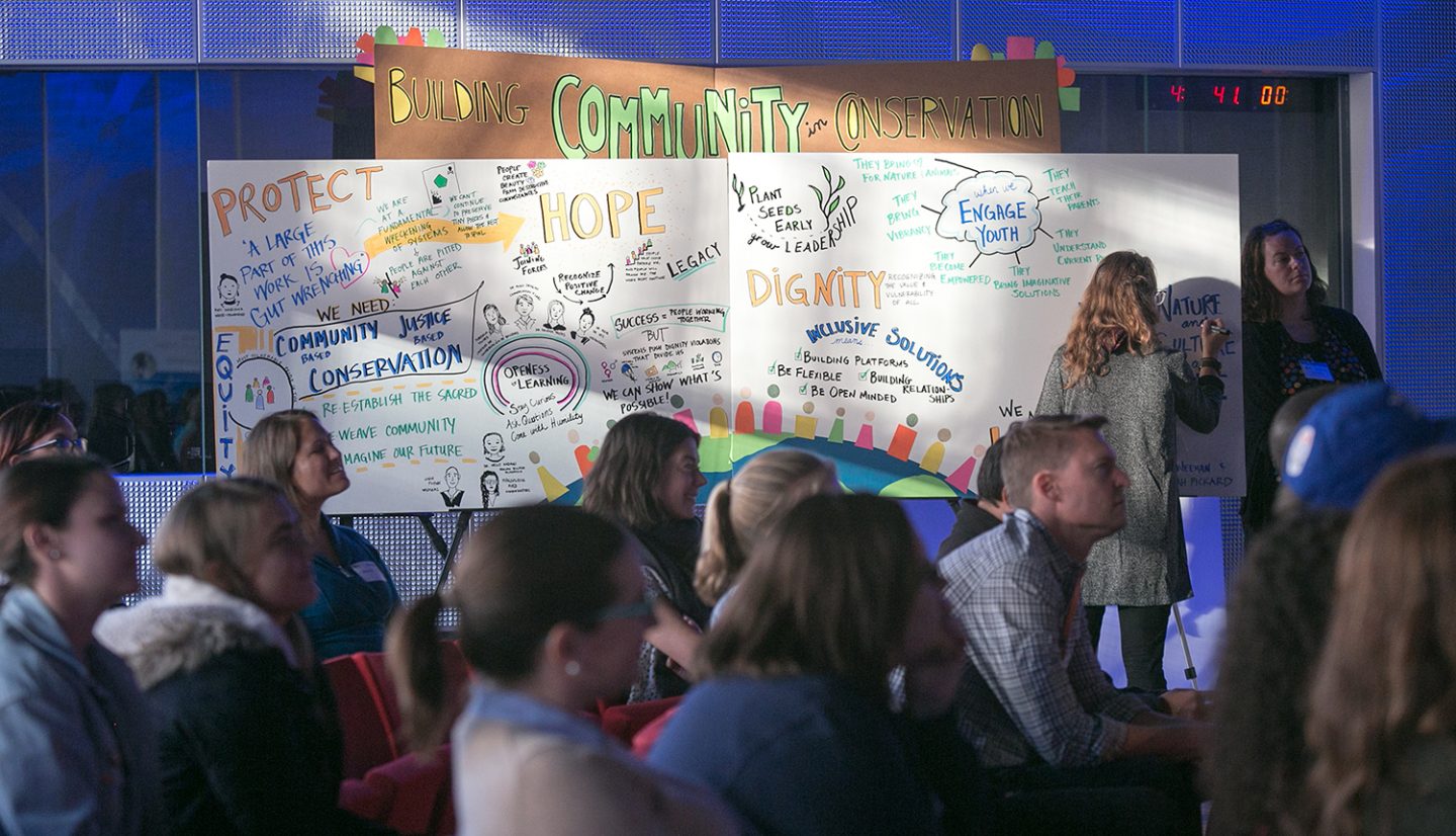 Classroom wall showing a large hand drawn mural