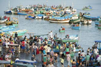 People walking on a seaside promenade alongside several boats