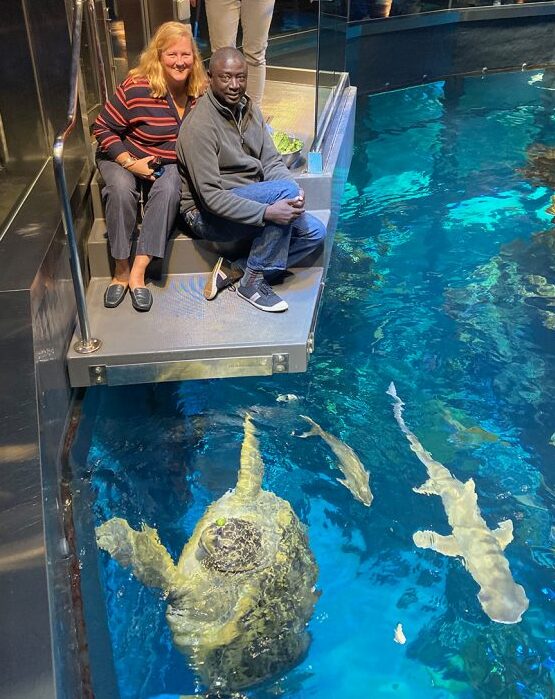Three people on a small deck above an aquarium tank