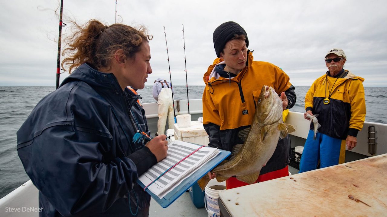 woman with a clipboard with two men holding fish on a boat