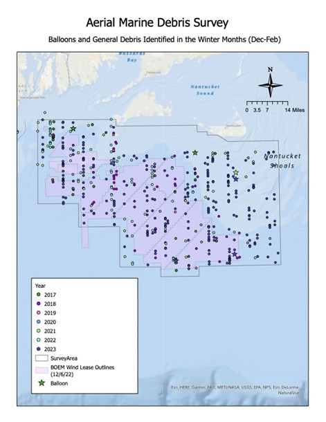 A map showing sightings of marine debris during aerial surveys