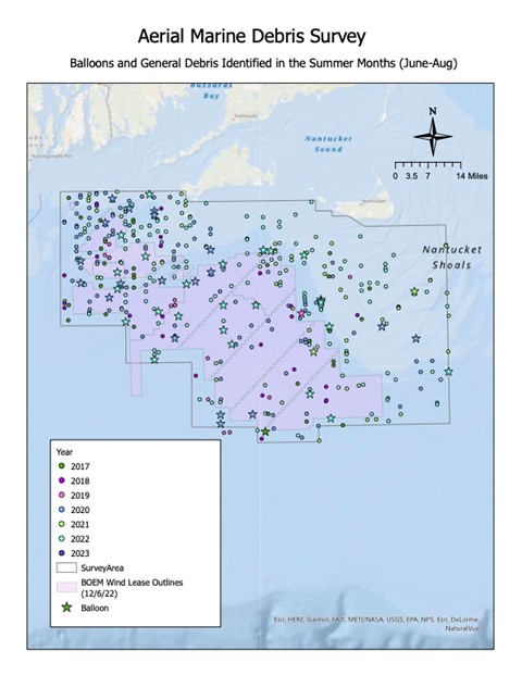 A map showing sightings of marine debris during aerial surveys