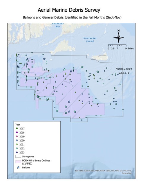 A map showing sightings of marine debris during aerial surveys