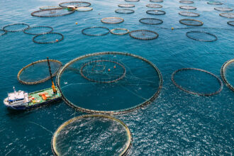 a boat with aquaculture nets in the ocean