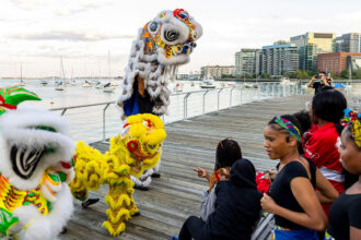 A lion dance troupe performs at the New England Aquarium for a Fierce Urgency of Now festival event