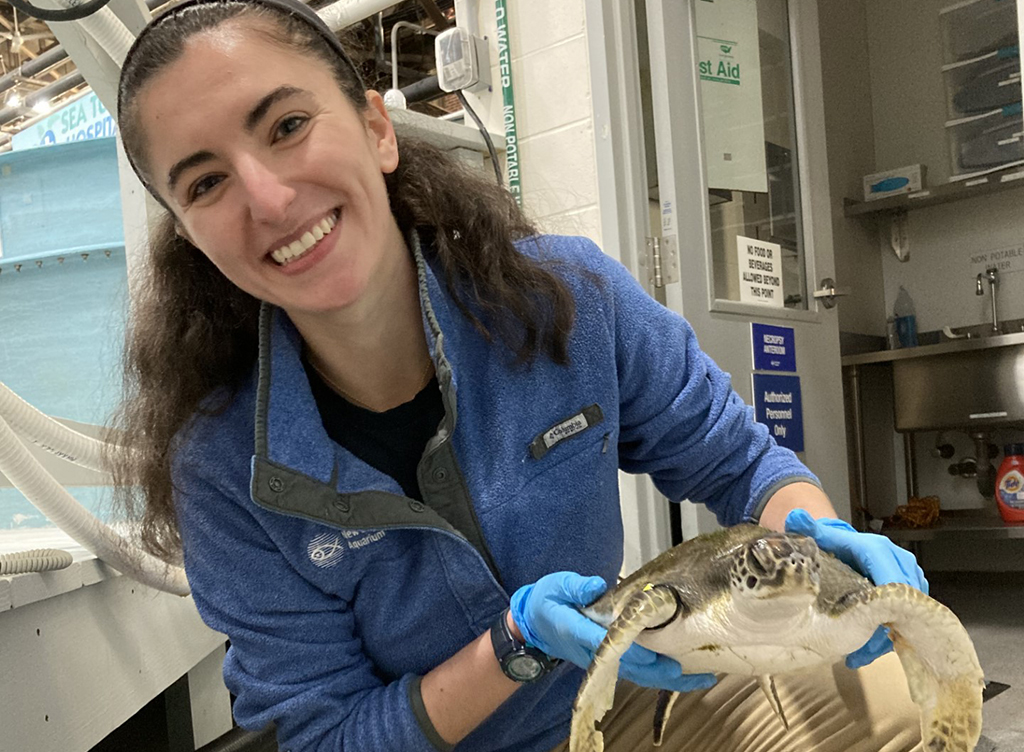 Samantha holding a rescued sea turtle in our Sea Turtle Hospital