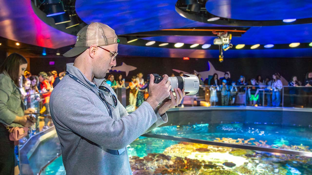 A person with a camera taking photos