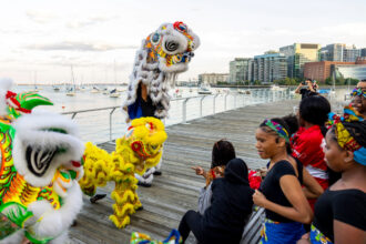 A lion dance troupe performing