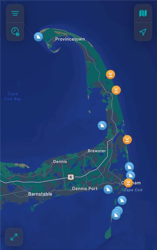 Map of Cape Cod with locations marked and icons for shark detections and sightings