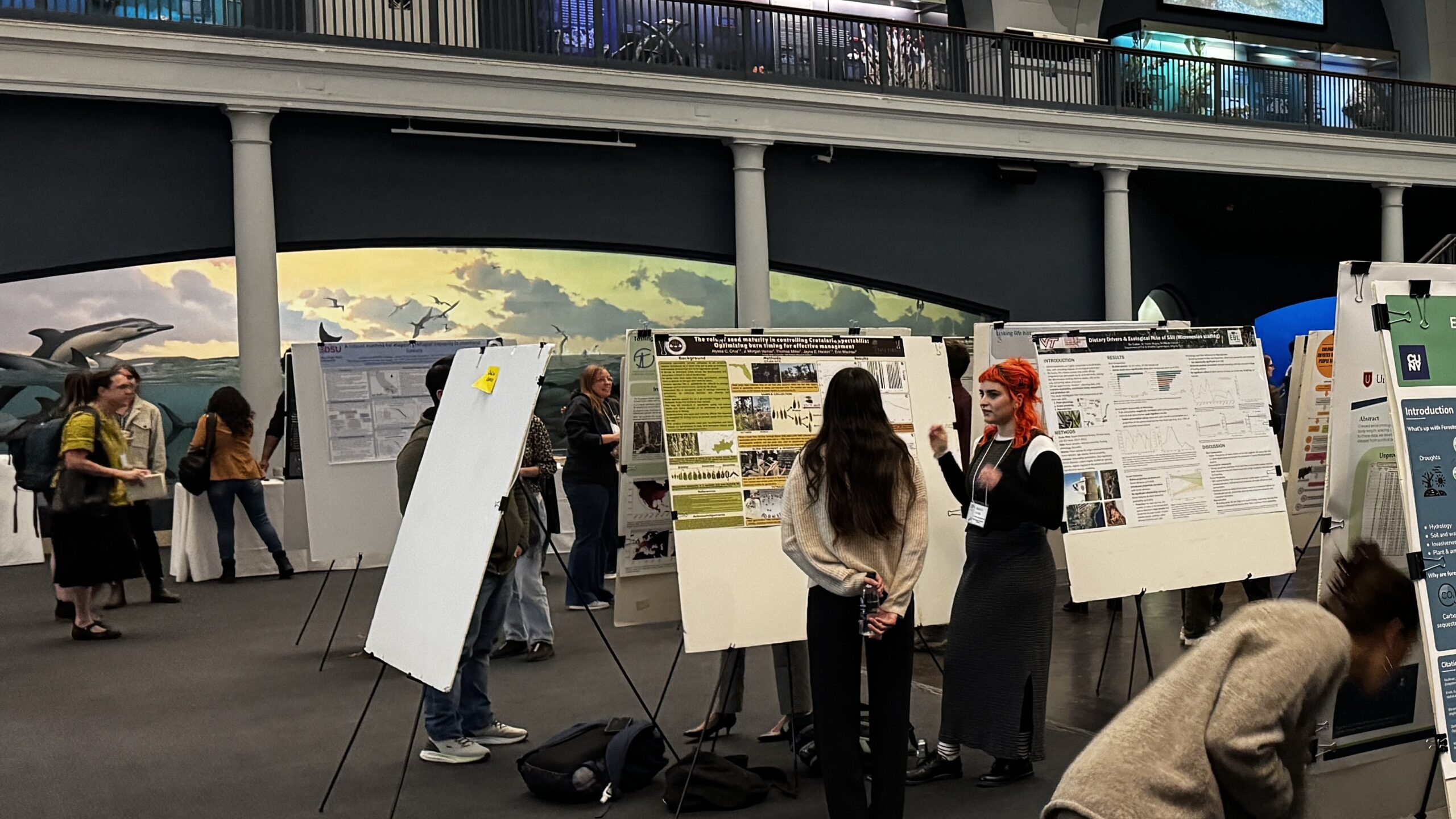 A room filled with poster presentations and students.