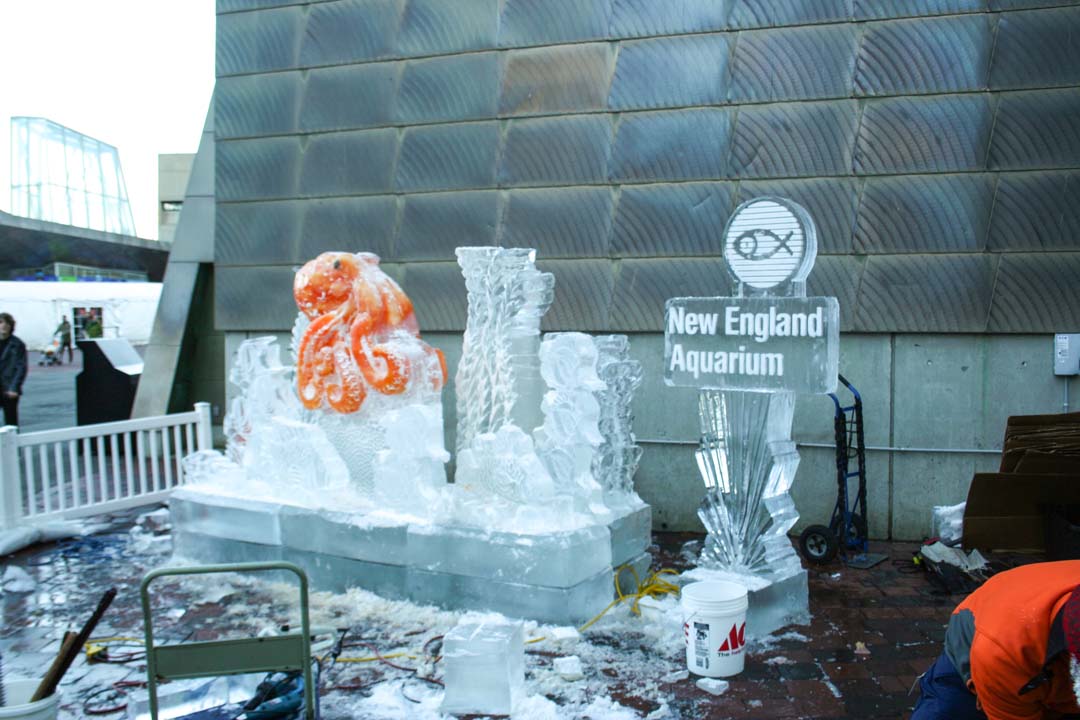 An ice sculpture of an octopus colored orange