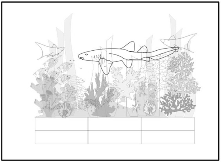 A rendering of a nurse shark in a GOT-inspired composition with coral, cownose rays, and fish.