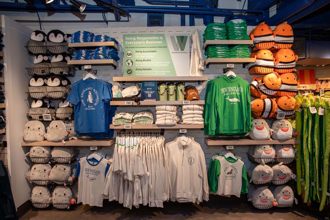 Retail display with clothing, plush sharks, and New England Aquarium-branded items.