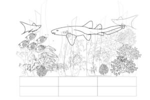 A rendering of an ice sculpture showing a nurse shark and cownose rays in coral