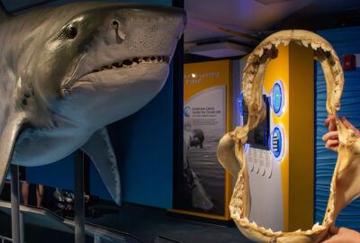 A person holding up a tiger shark jaw in front of a model of a tiger shark