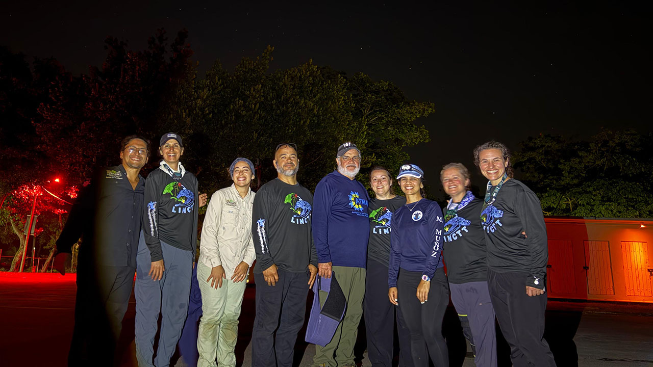 A group of people smiling together at night