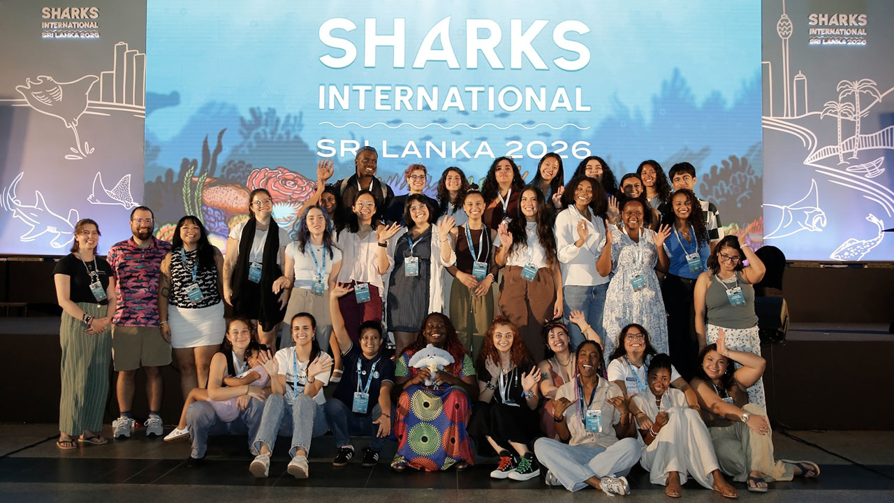 A group of people in front of a Sharks International banner