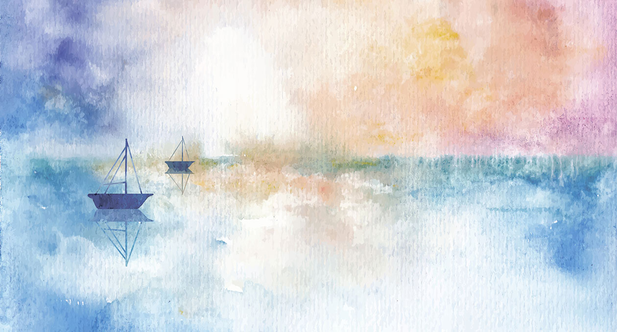 watercolor painting of two sail boats on the water.