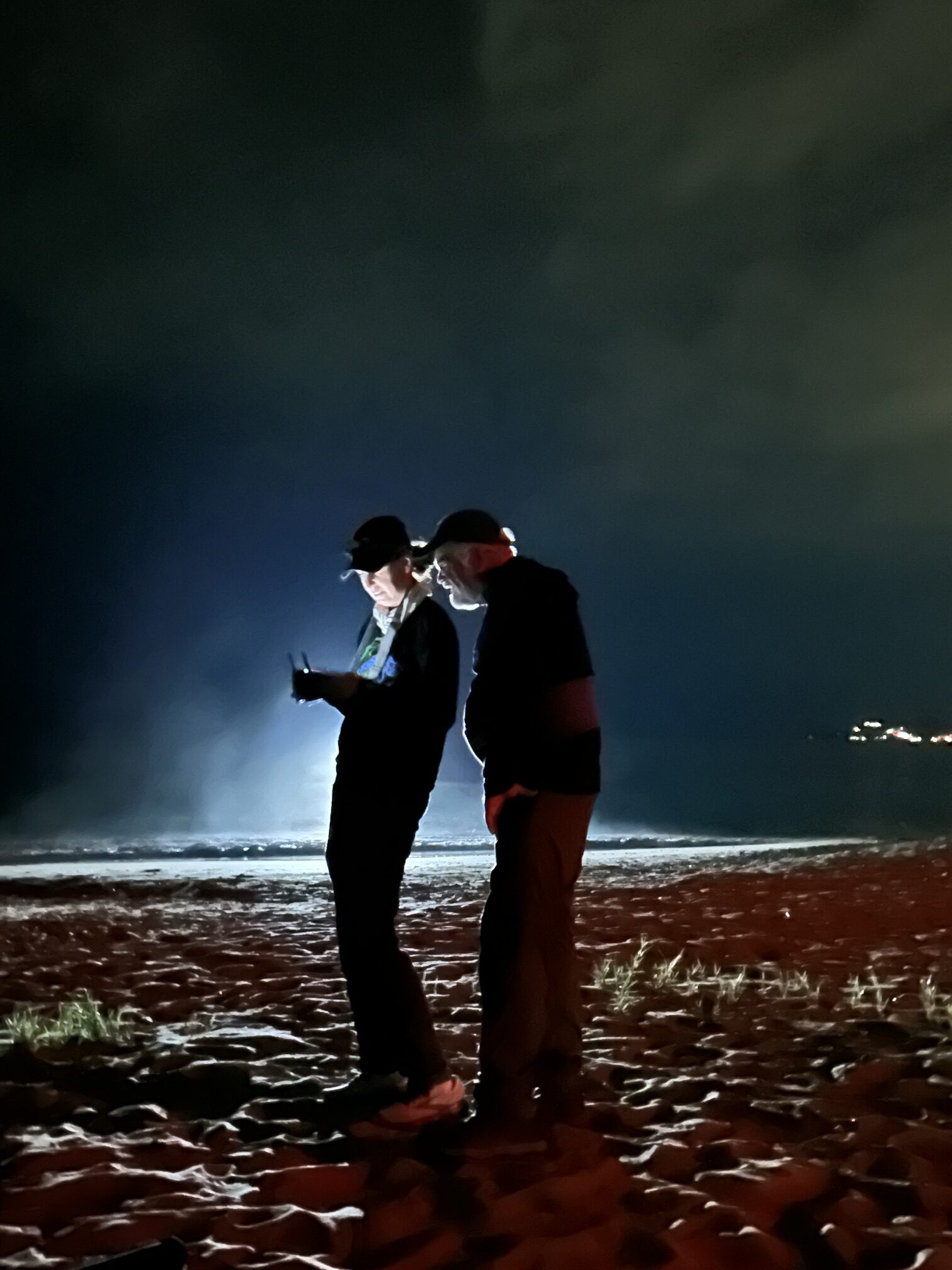 Two individuals stand on a sandy beach at night, silhouetted against a glowing light from behind, with the ocean and cloudy sky visible in the background.