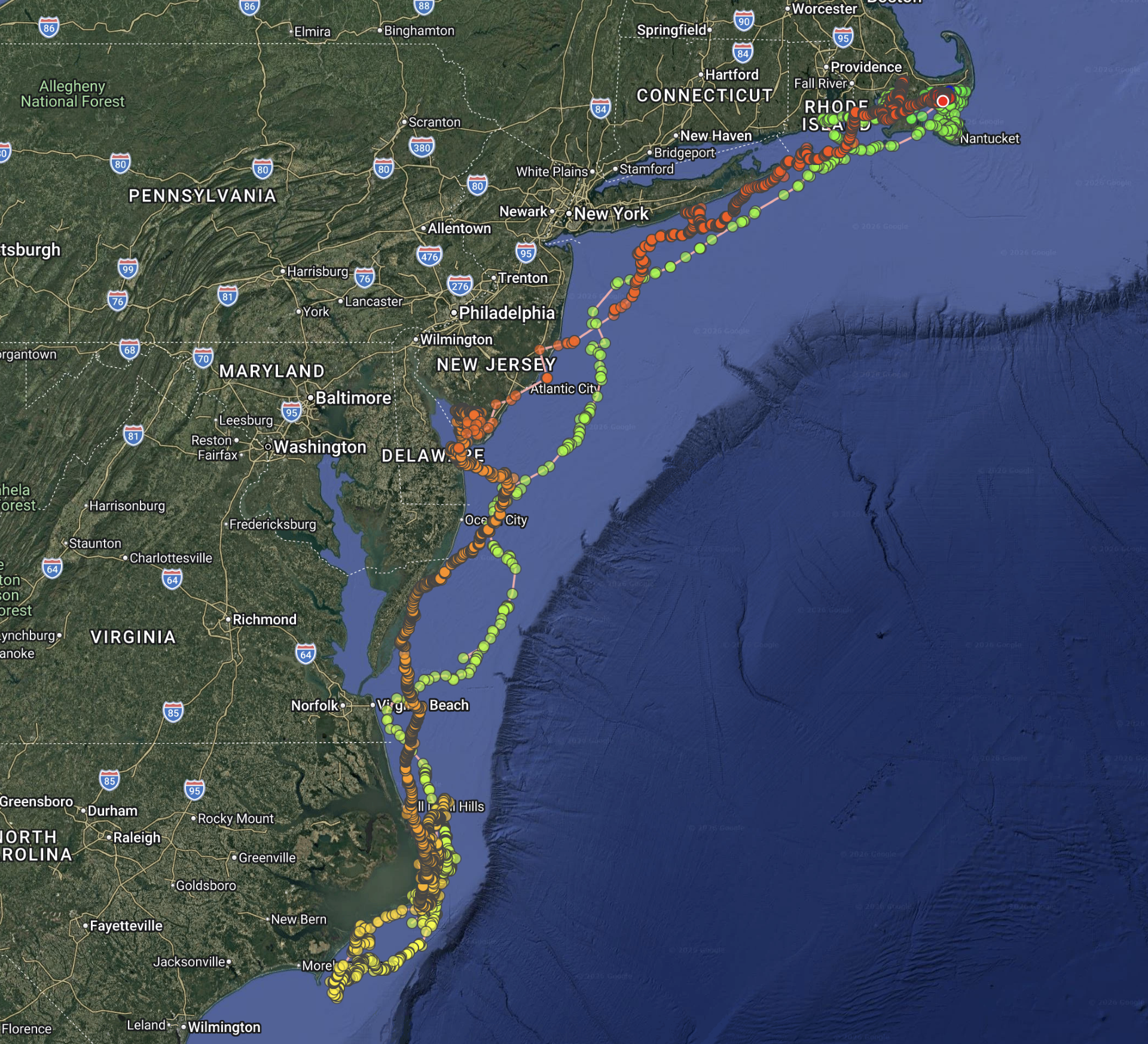 A map showing loggerhead sea turtle Eros' tracked locations along the East Coast
