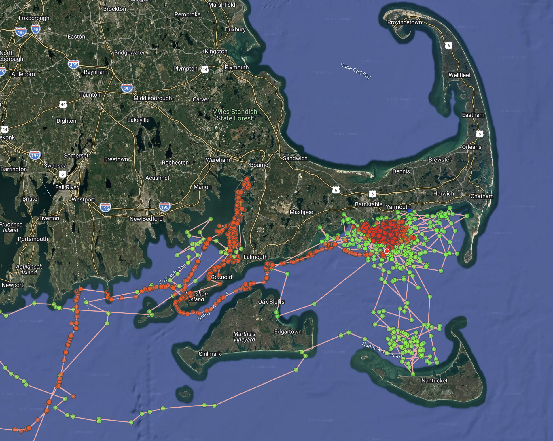 A map showing loggerhead sea turtle Eros' tracked locations around Cape Cod